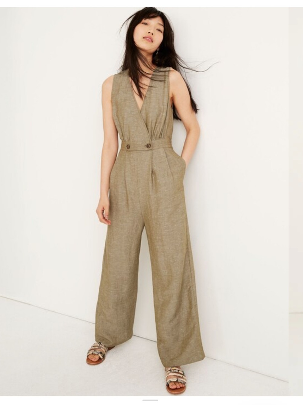 Madewell Sleeveless Button-Waist Wide-Leg Jumpsuit in Southern Moss Size 6P